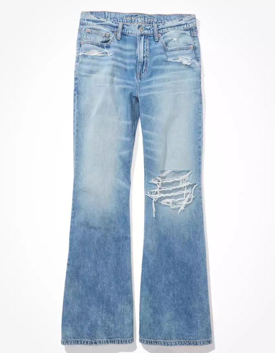 Jean American Eagle AE Dreamy Drape Ripped Low-Rise Baggy Flare Indigo Femme | WGP-62830484